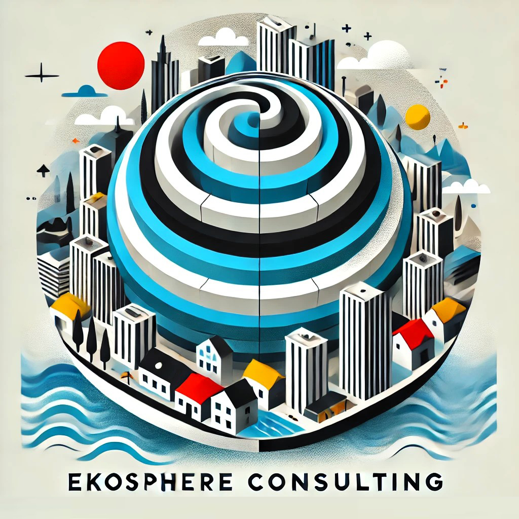 SEO-optimierte Illustration: Ekosphere Consulting Kugel, umgeben von Immobilien, Natur & Firmen - Experten für Auswandern & Investieren. Ein Projekt von ekosphere consulting doo in Kooperation mit ekosphere doo.