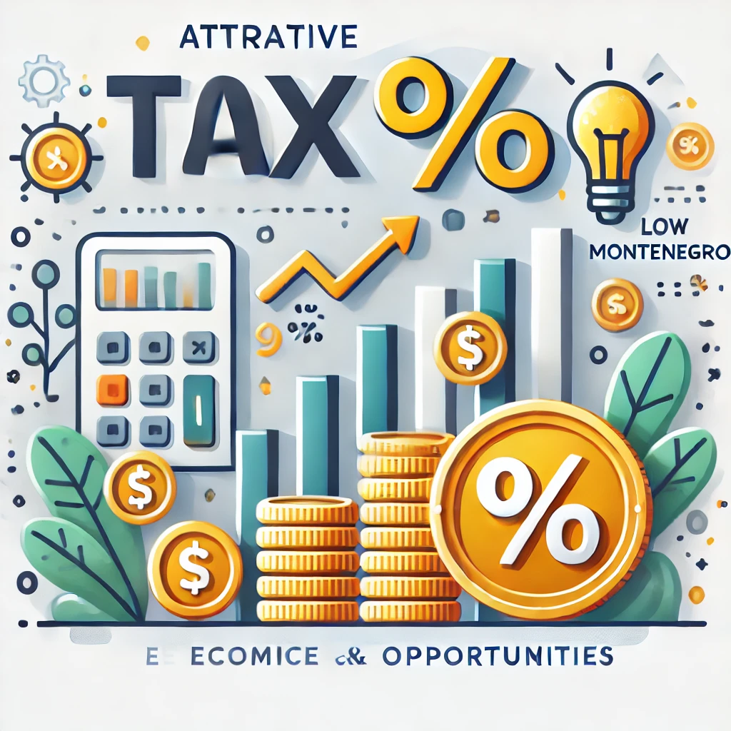 Illustration zu niedrigen Steuern in Montenegro: Taschenrechner, Diagramme, Münzen, Prozent-Zeichen. Expertenrat für Auswandern, Firmengründung und Investieren von ekosphere-consulting.me, einem Projekt der ekosphere consulting doo in Kooperation mit ekosphere doo.
