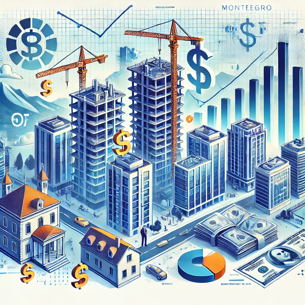 Illustration: Stadtentwicklung, Baukräne und Immobilien, Finanzsymbole und Charts - Ihr Partner für Auswandern, Firmengründung, Investieren & Aufenthaltstitel in Montenegro mit ekosphere-consulting.me, einem Projekt von ekosphere consulting doo in Kooperation mit ekosphere doo.