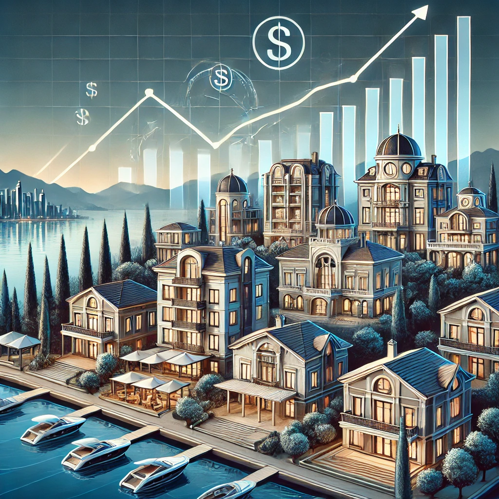 Luxusimmobilien und Yachten am Wasser; steigendes Balkendiagramm mit Dollarzeichen signalisiert Wertsteigerung und Investmentchancen für Auswanderung, Firmengründung und Aufenthaltstitel - ekosphere-consulting.me: Unternehmensberatung & Kooperation der ekosphere consulting doo mit ekosphere doo.