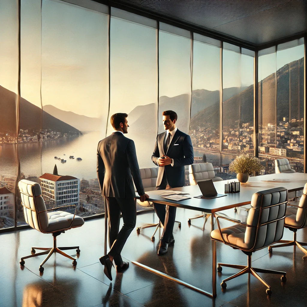 Zwei Geschäftsmänner beraten sich in modernem Büro mit Blick aufs Wasser - perfekte Umgebung für Auswanderung, Firmengründung, Aufenthaltstitel und Immobilienberatung. ekosphere-consulting.me: Ihr Partner für Investieren & Unternehmensberatung (Projekt von ekosphere consulting doo & ekosphere doo).