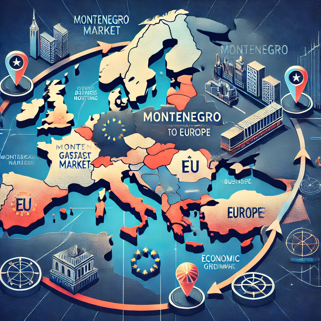 Illustrierte Europakarte hebt Montenegro hervor, Pfeile zur EU; Icons für Auswandern, Firmengründung, Immobilien & ekosphere-consulting.me.