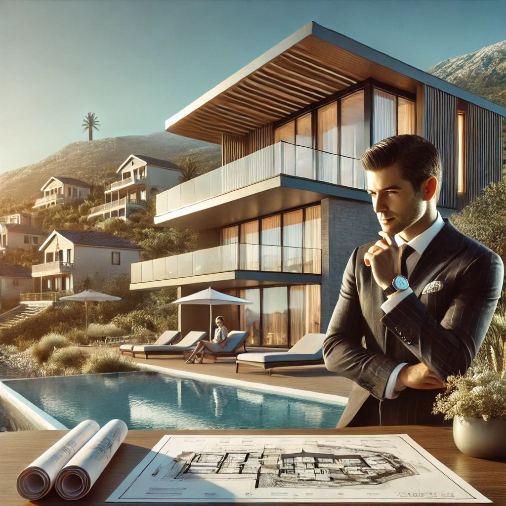 Erfolgreicher Unternehmer mit Immobilien-Plänen am Pool, moderner Villa und Beratung zu Auswandern, Investieren & Firmengründung - ekosphere-consulting.me, ein Projekt der ekosphere consulting doo in Kooperation mit ekosphere doo.